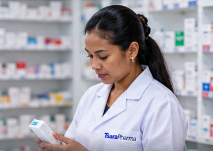 Pharmacienne TsaraPharma consultant un produit